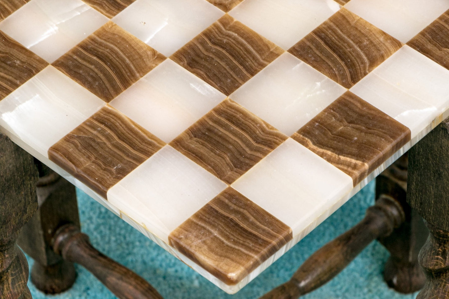 1980s Rare and Distinct Handcrafted Onyx and Marble Chess Set on Jacobean Style Wooden Frame