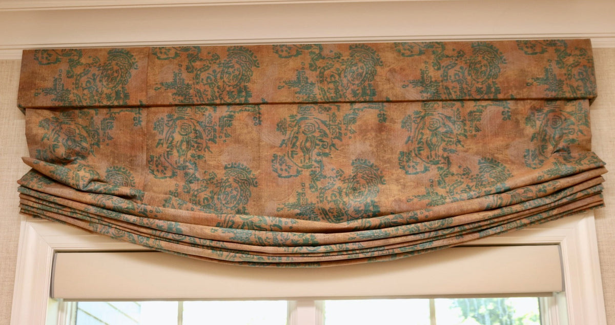 Custom Silk Jacquard Roman Shades & Upholstered Cornices (Pair), Attributed to Old World Weavers / Scalamandré, 63" W × 80" H