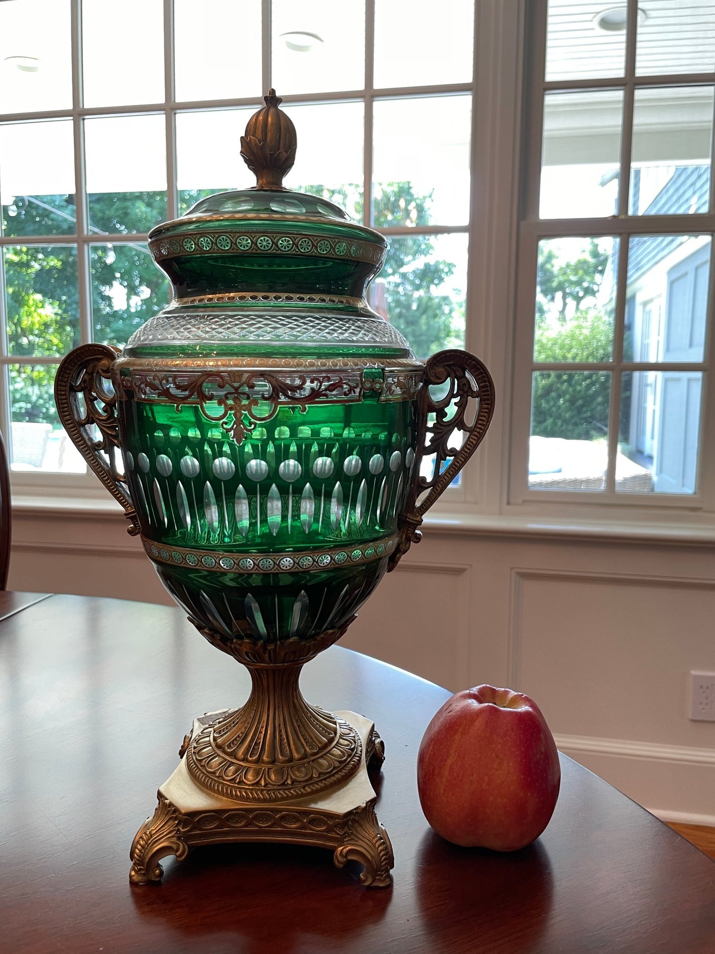Antique Bohemian Cut Green Glass Covered Urn with Gilted Brass Handles and Stand