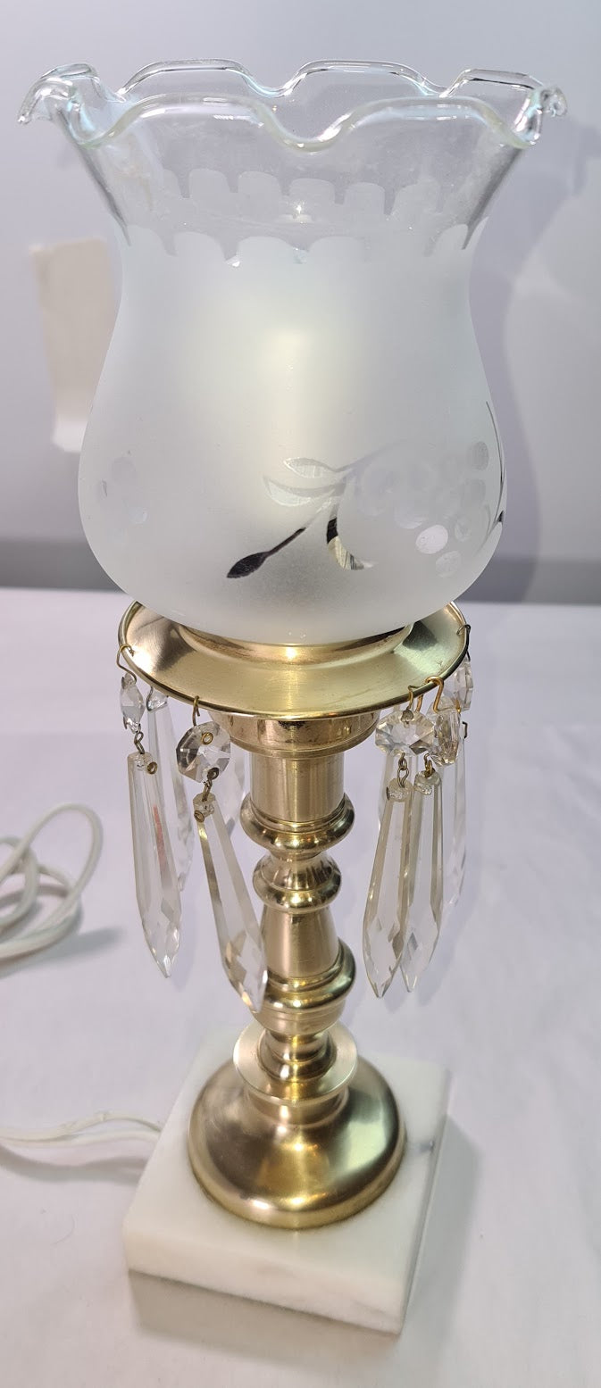 Vintage Brass Electric Hurricane Lamp with Frosted Edged Glass and Hanging Crystals