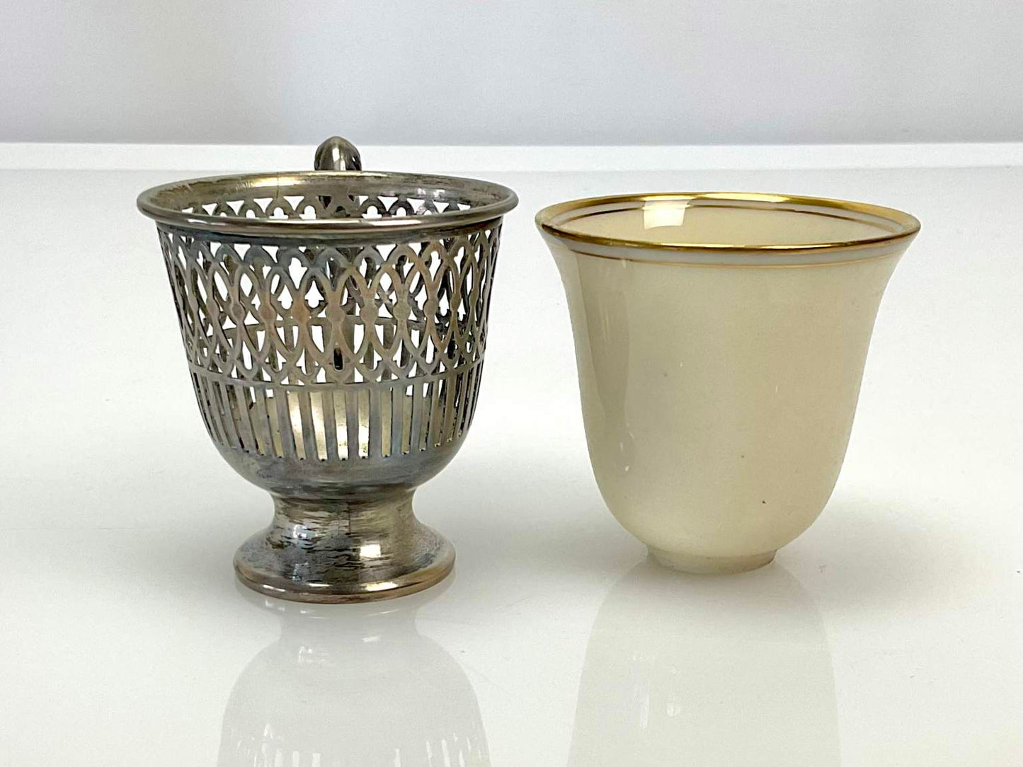 Vintage Sterling Silver Tiffany Set of Pierced Demitasse Cup with Lenox White China Liners