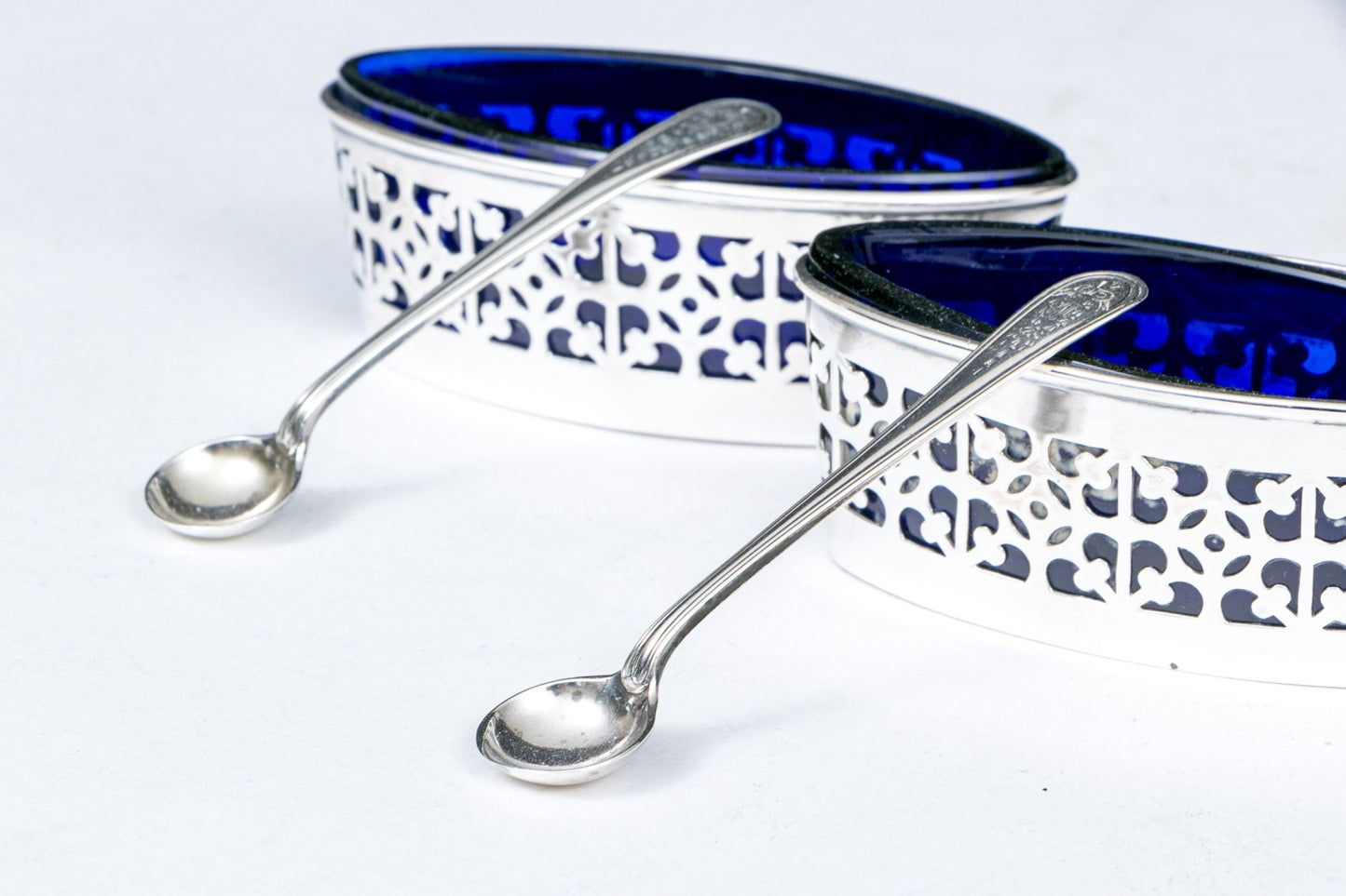 Oval Salt Cellars With Cobalt Liners and Salt Spoons, Set of 2,  2.535 OZT, Weighable Sterling