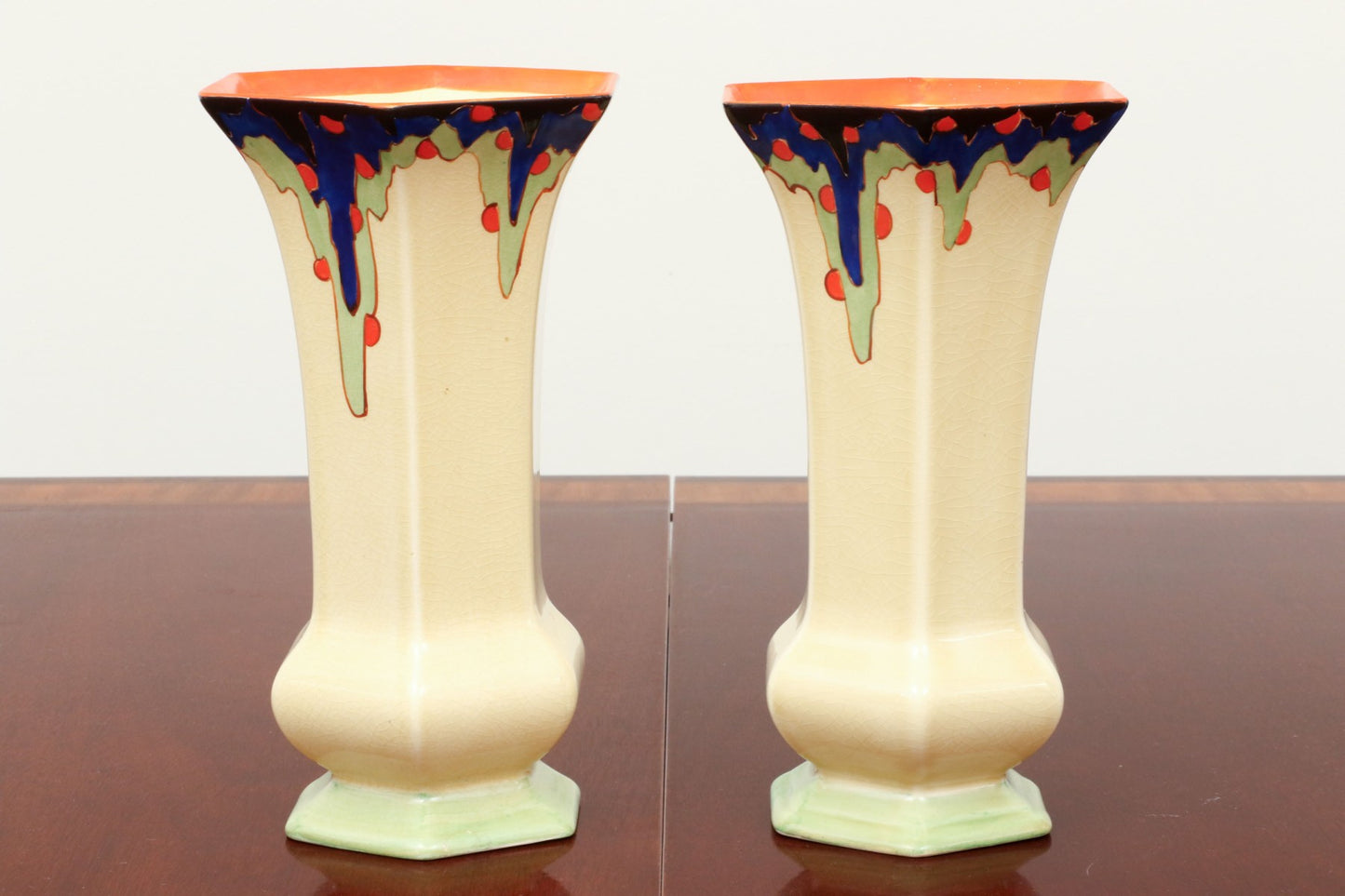 PAIR OF DORA TENNANT ENGLISH ART DECO PERIOD HEXAGONAL CERAMIC GLAZED VASES