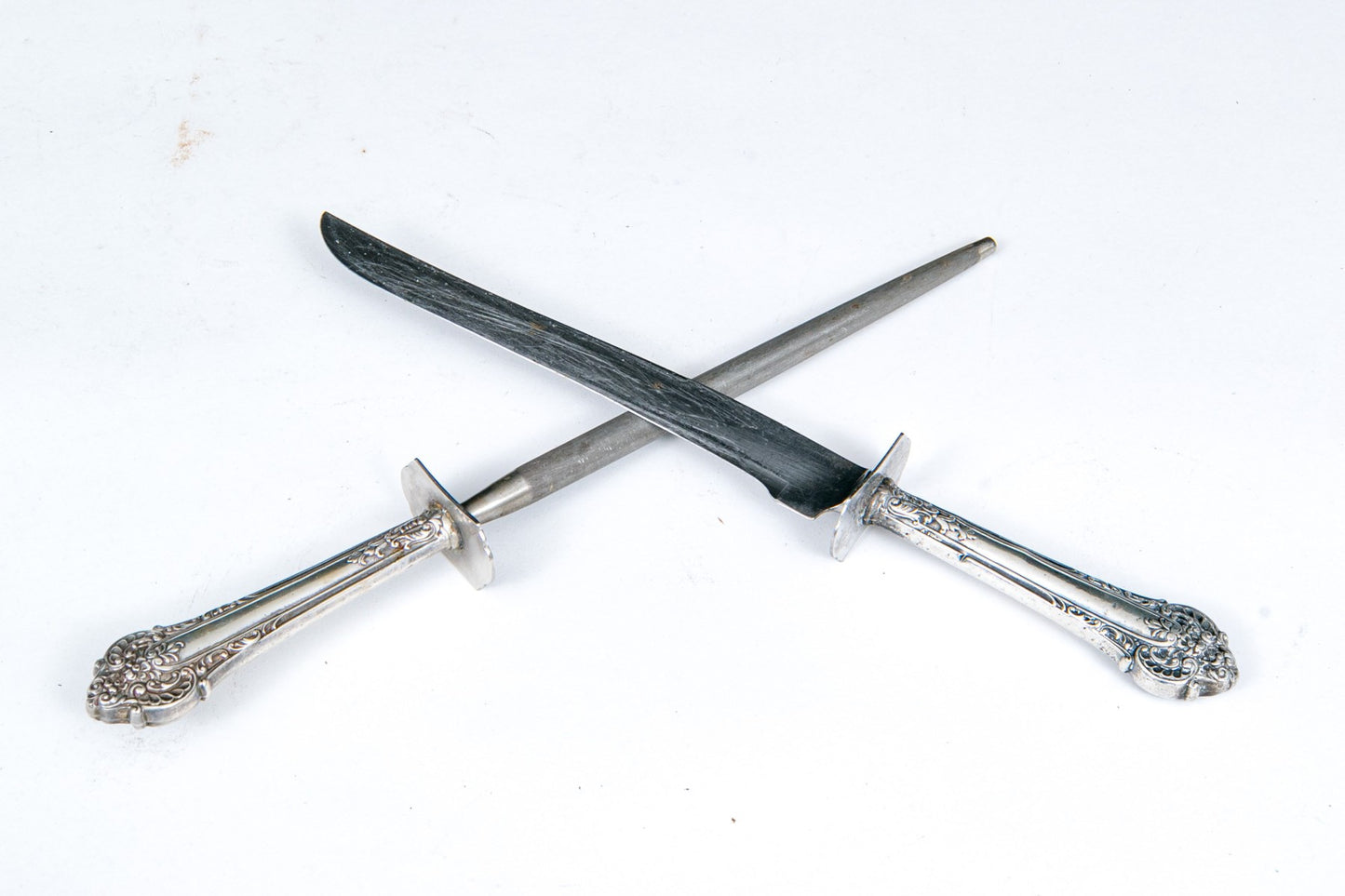 Vintage Sterling Handled Steel Blades Weighted Carving Knife and Sharpener
