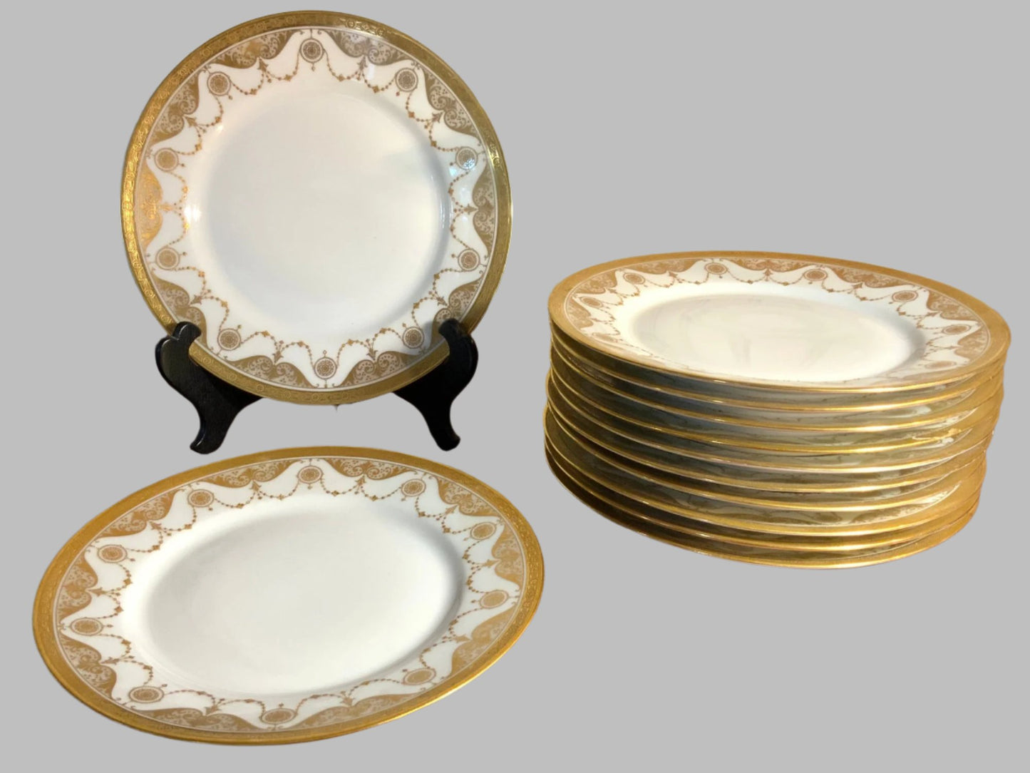 Stunning Set Of Twelve Guerin Limoges Gold Trimmed Plates