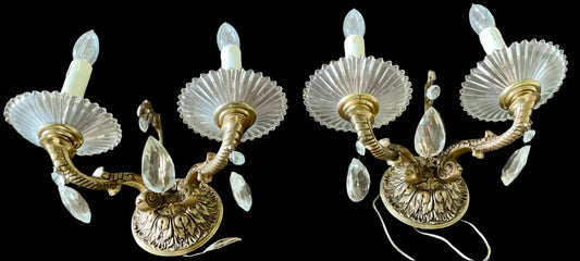Beautiful Pair of Vintage Portuguese Brass and Crystal Wall Sconces