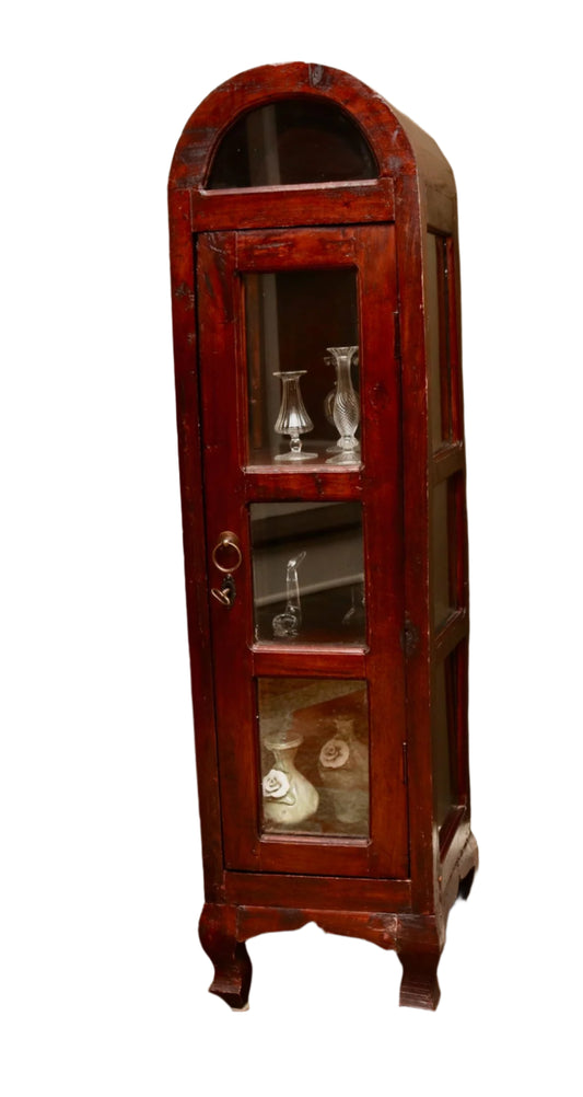Small Arched Wood Curio Cabinet With Framed Glass And Wood Shelving