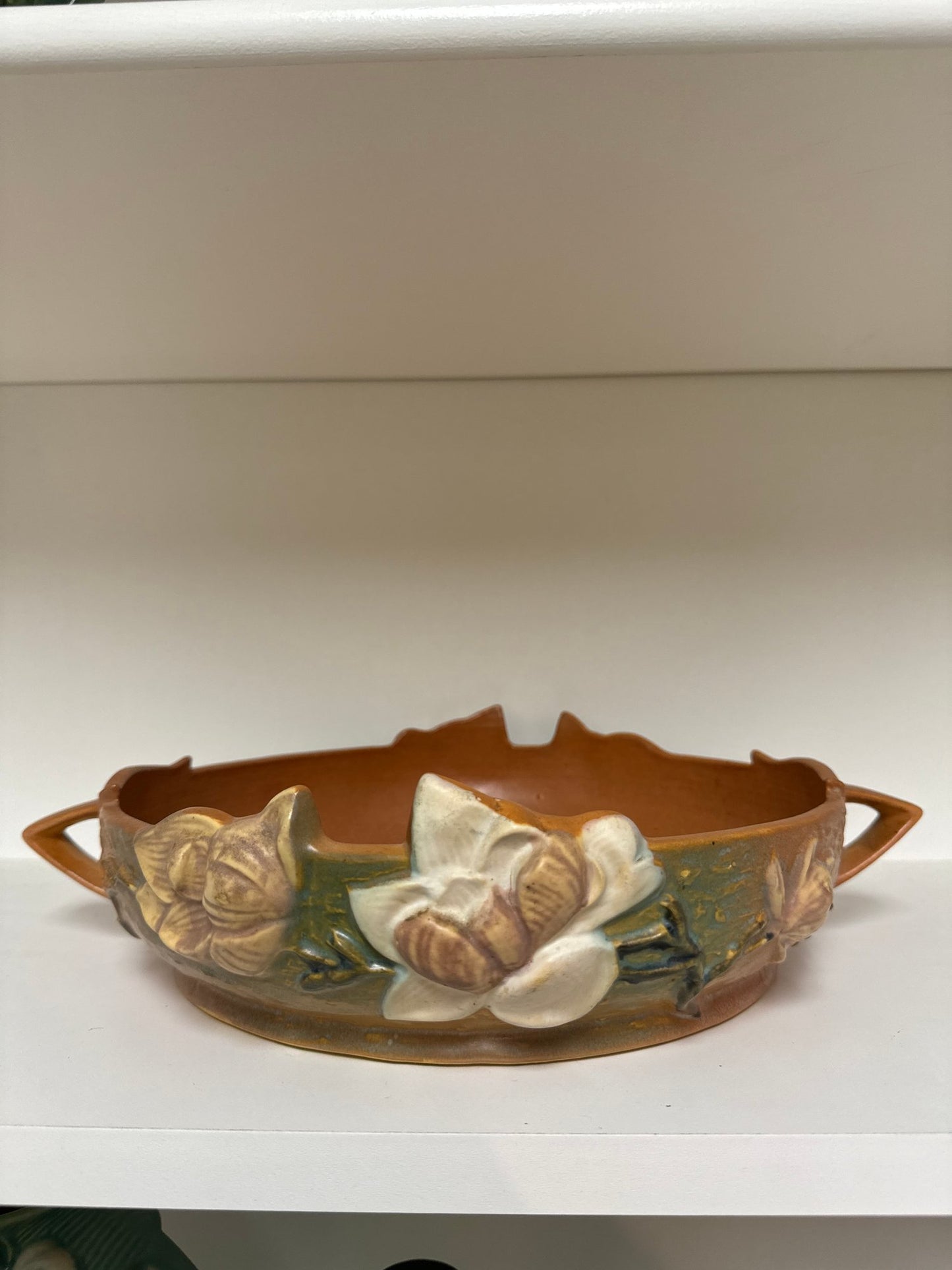 Roseville Brown Magnolia with White & Pink Flowers #450-10" Two Handle Art Pottery Console Bowl