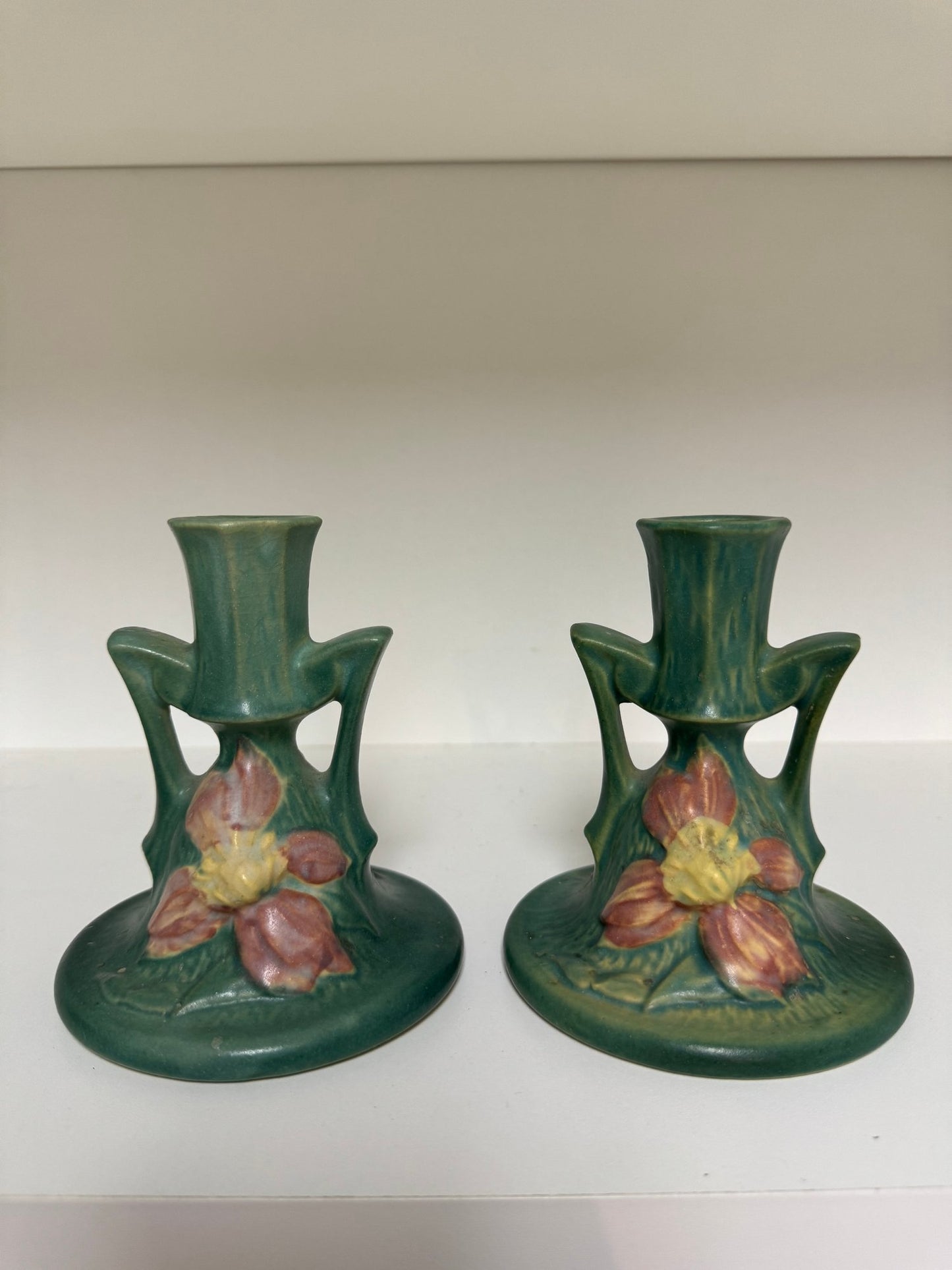 Pair Of Roseville Clematis Candleholders