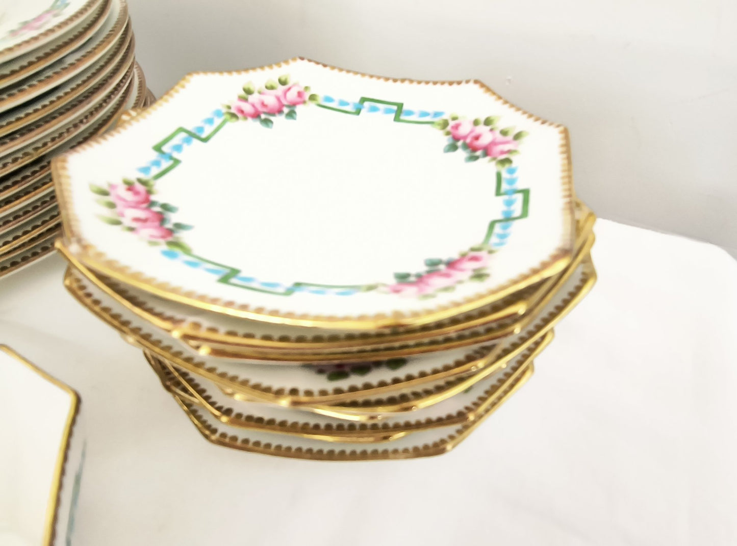 Rare Handpainted English Antique Tea Cup And Dessert Plates Set, Wileman Foley China