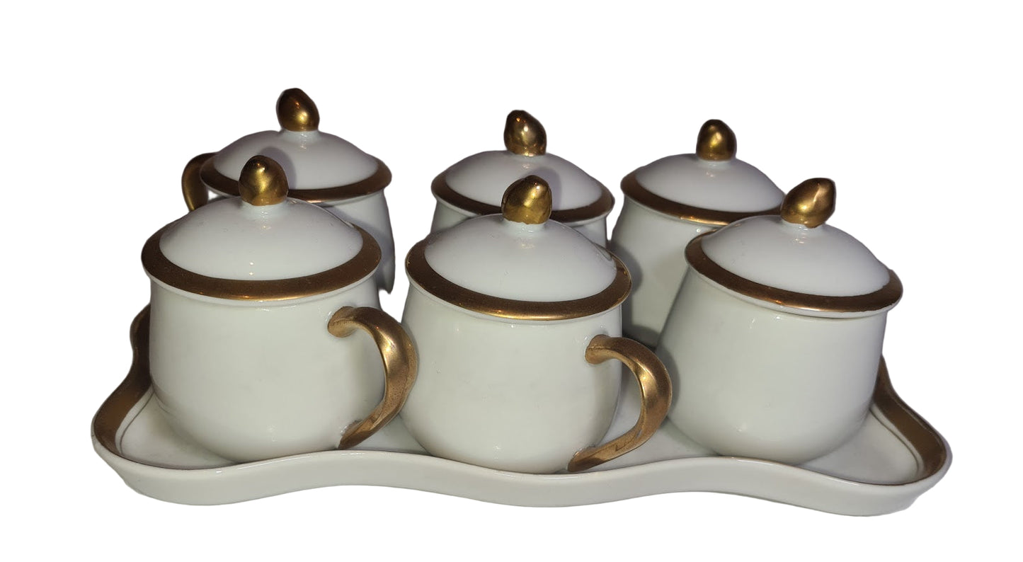 Fitz & Floyd Pots De Creme with tray, gold on white