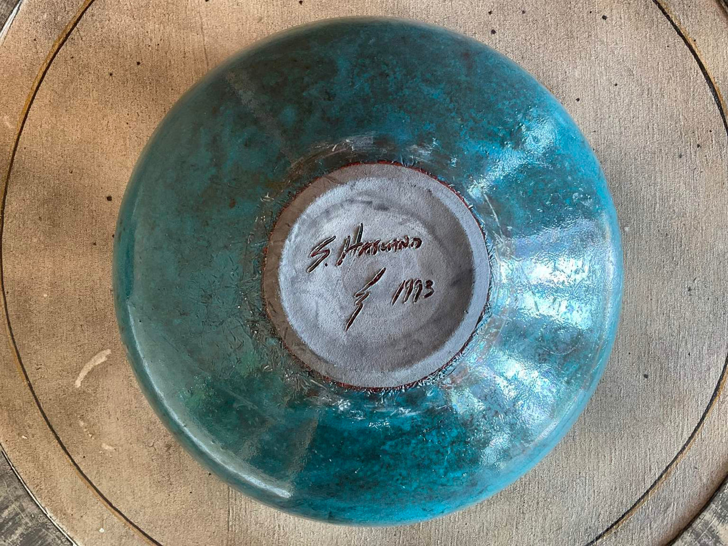 Ceramic Bison Bowl with Lid on Stand, Signed