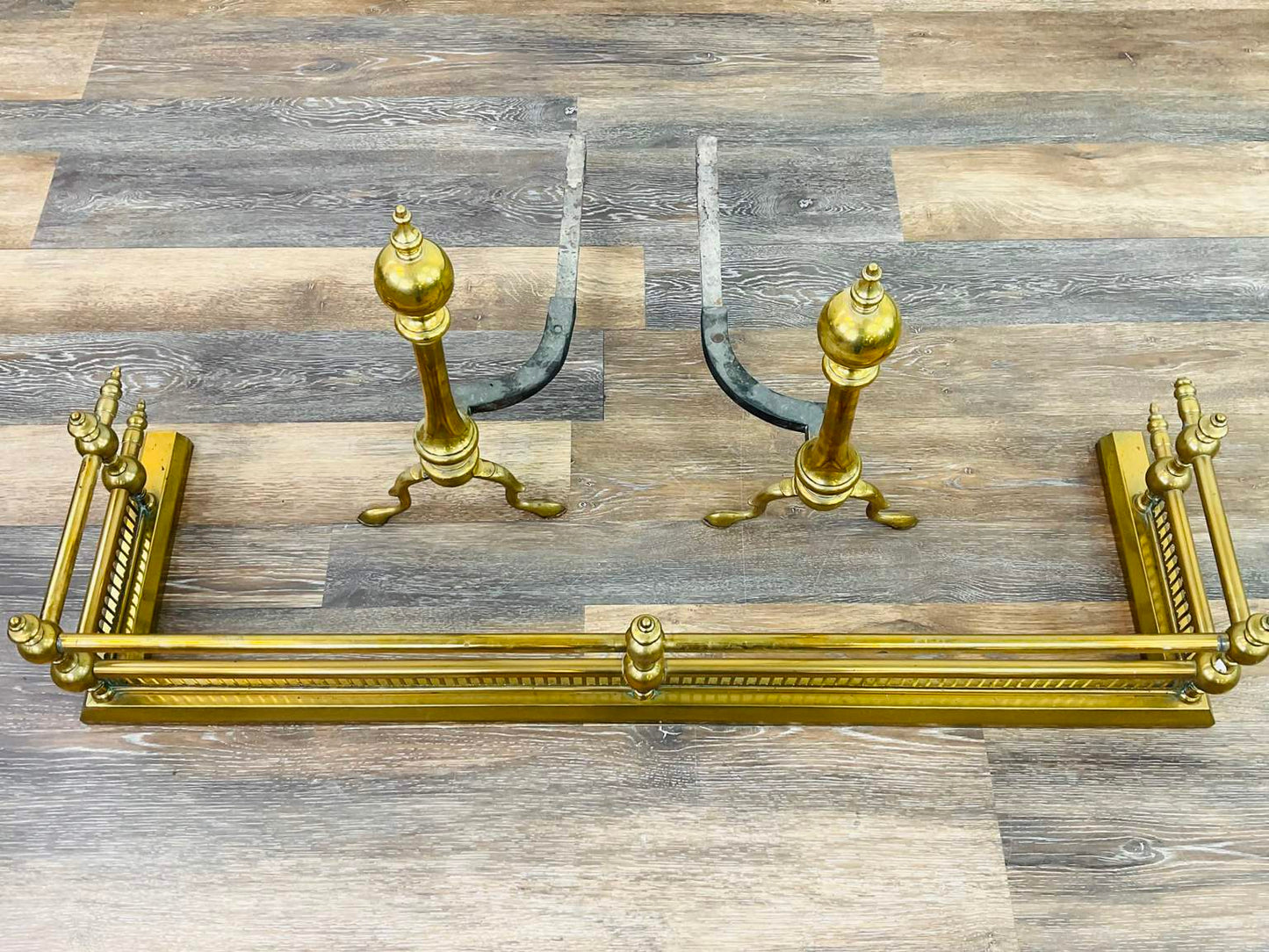 Vintage Brass Fireplace Fender and Andirons