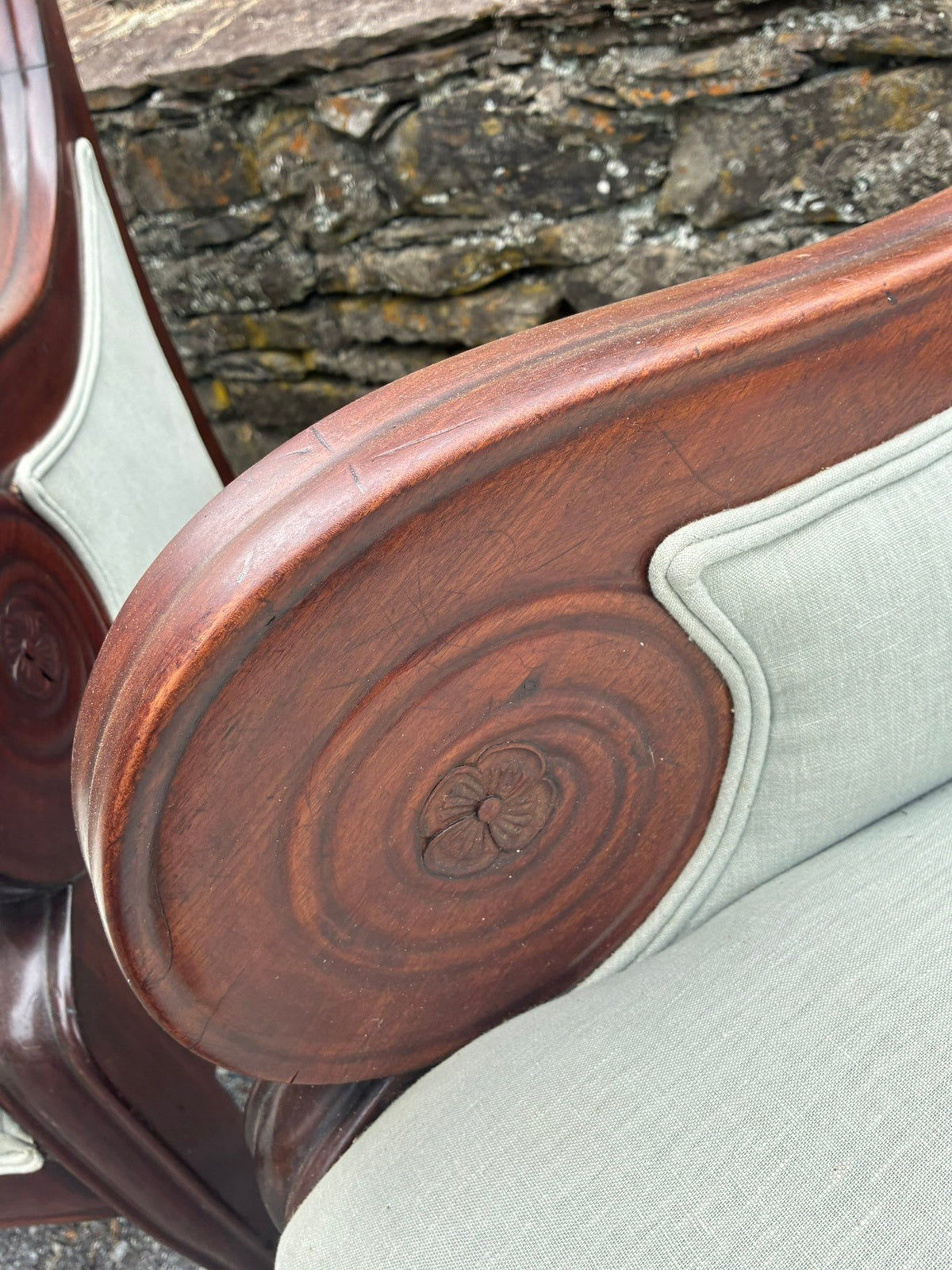 A Pair of Antique American Classical Empire Mahogany Armchair with Carved Rosette Scroll Arms, circa 1830–1850