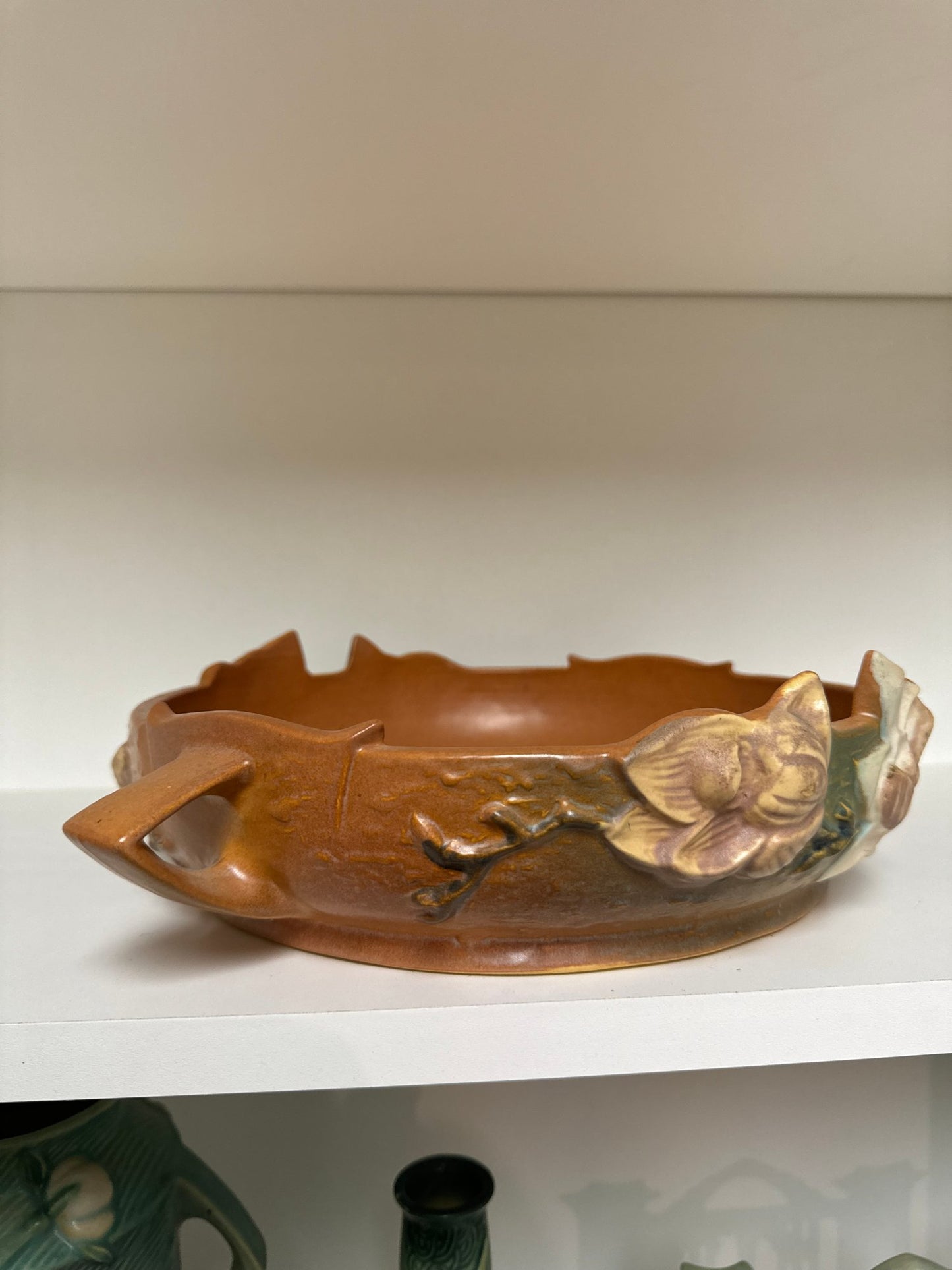 Roseville Brown Magnolia with White & Pink Flowers #450-10" Two Handle Art Pottery Console Bowl