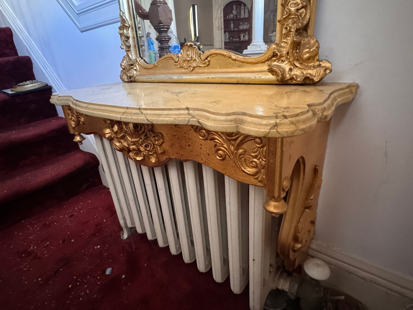 Monumental Antique French Rococo Gilt Pier Mirror With Faux Marble Top Console Shelf
