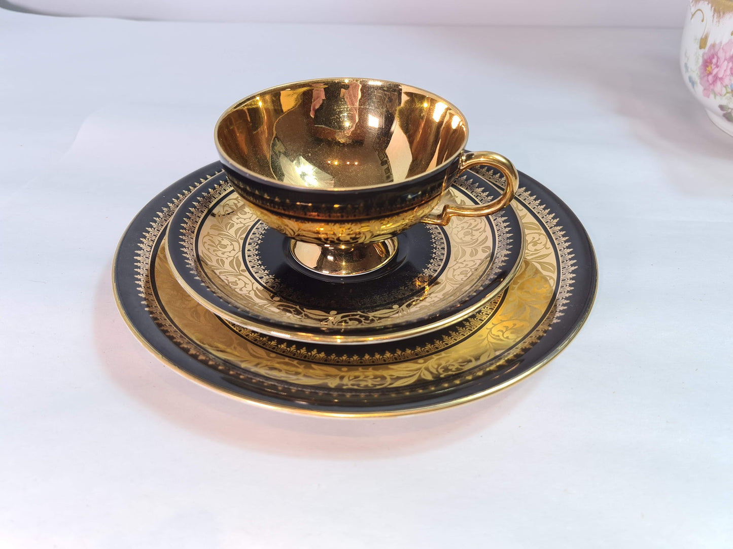 Rare RW Rudolf Wachter Bavaria Black &amp; Gold #6771 Tea Cup Saucer Trio