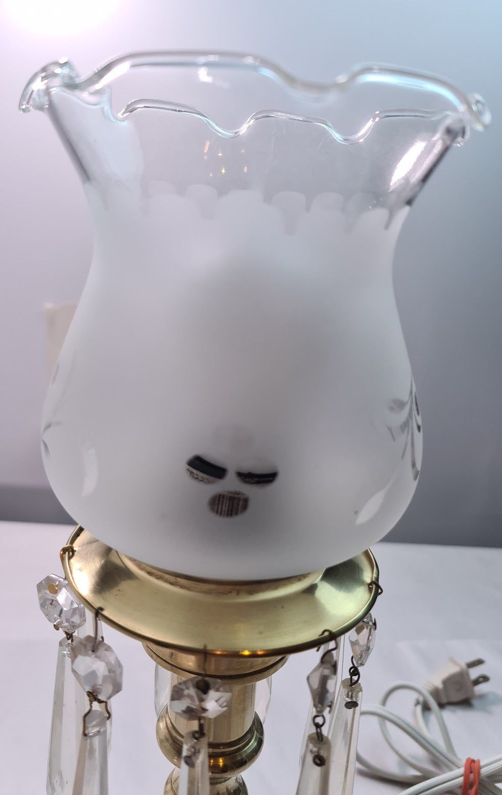 Vintage Brass Electric Hurricane Lamp with Frosted Edged Glass and Hanging Crystals