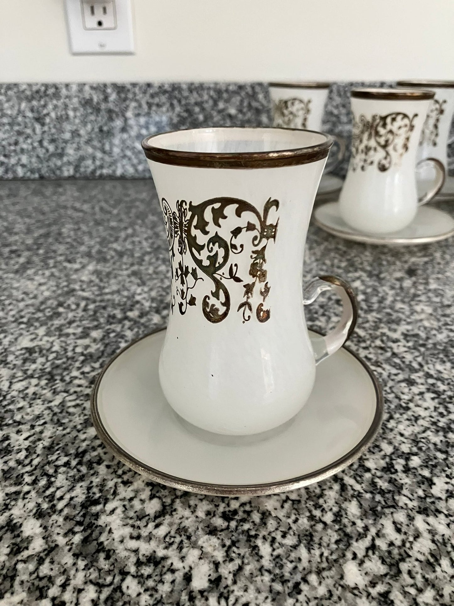 Rare magnificent Italian Silver Leaf Adorned Hand Blown Demitasse Cups By Same Cristallerie - 12 pcs