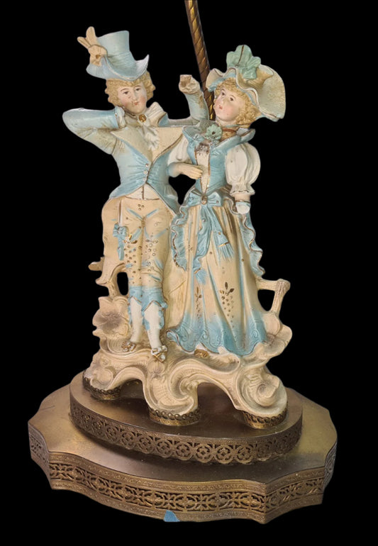 Antique Victorian Porcelain Couple Hand Painted Figural Table Lamp Brass Base