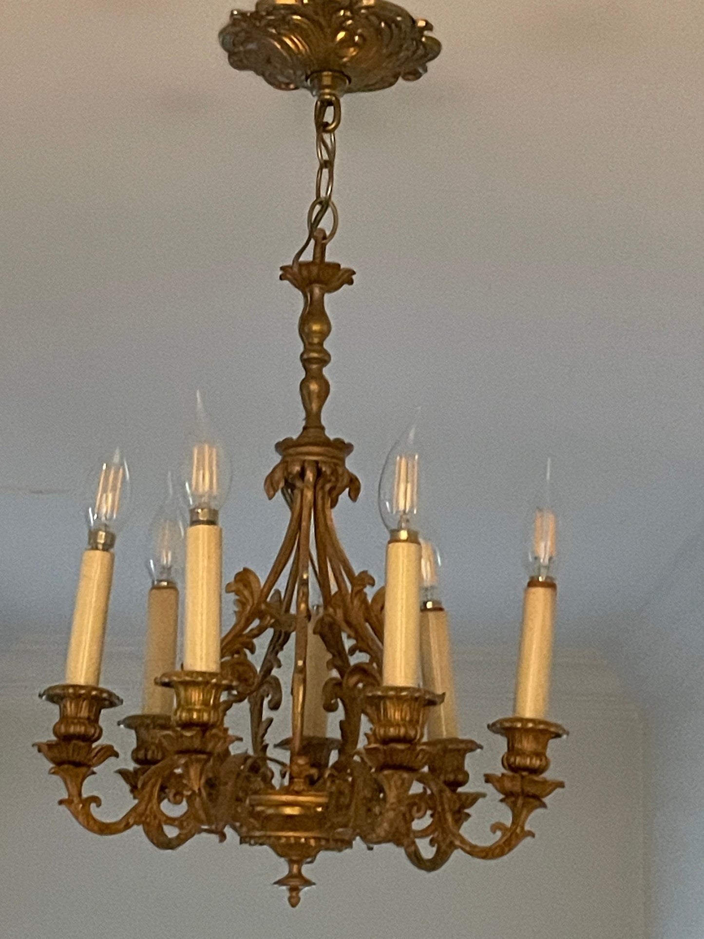 Fabulous Vintage French Brass Chandelier with Six Arms
