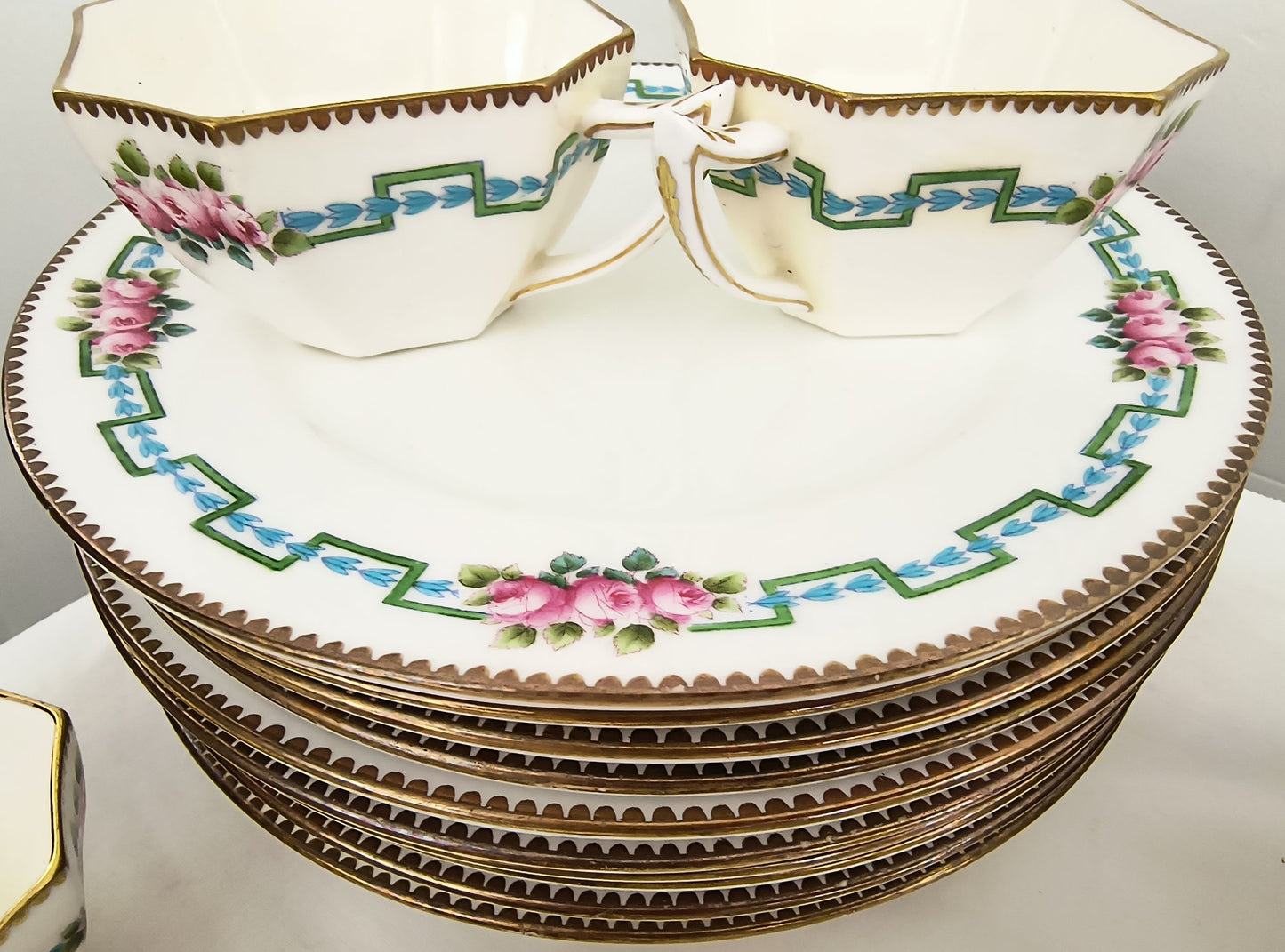Rare Handpainted English Antique Tea Cup And Dessert Plates Set, Wileman Foley China