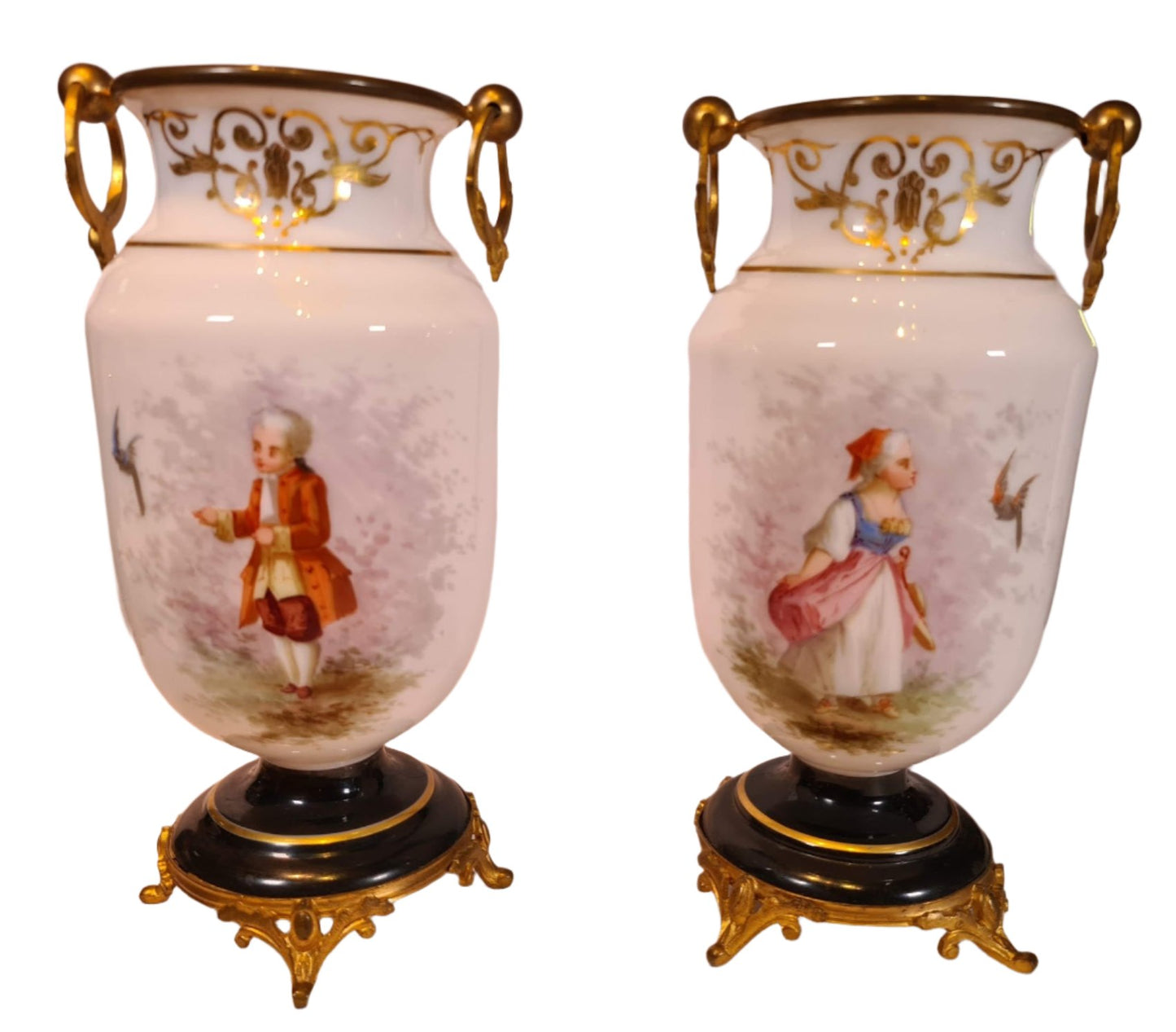 Pair French Opaline Decorated Glass Brass Mounted Vases With Hand Painted Decoration