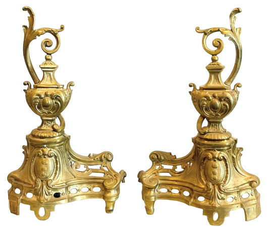 Brass Fireplace Andirons With French Ewer Style Finial Design
