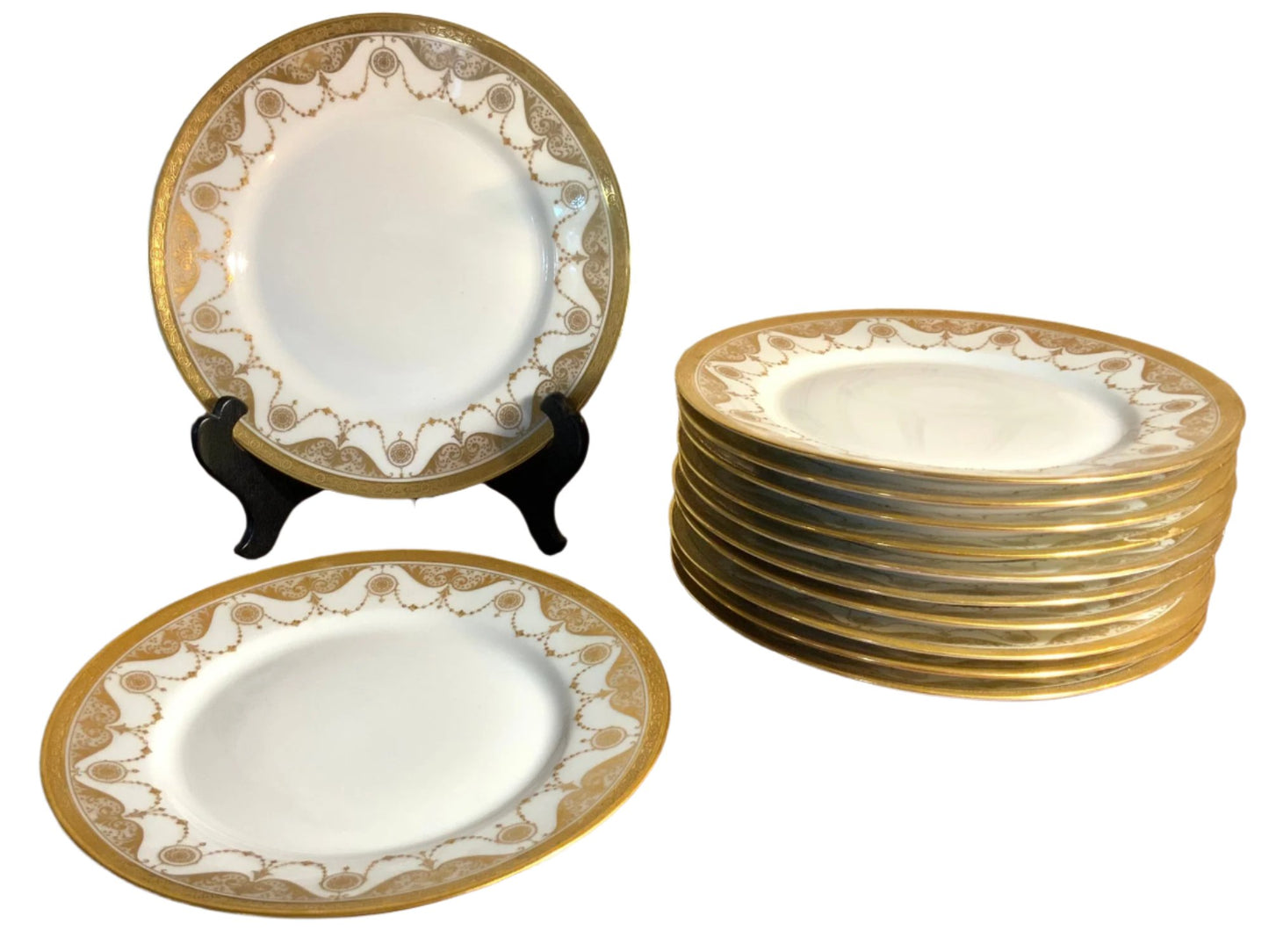Stunning Set Of Twelve Guerin Limoges Gold Trimmed Plates