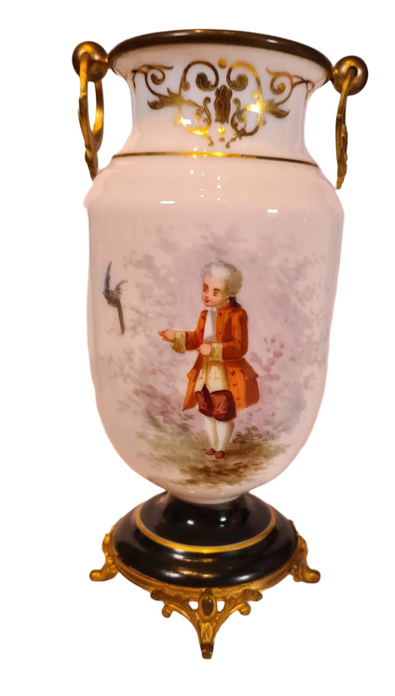 Pair French Opaline Decorated Glass Brass Mounted Vases With Hand Painted Decoration