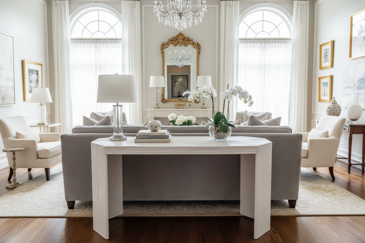 Unique MCM Bamboo Marquetry Console Table