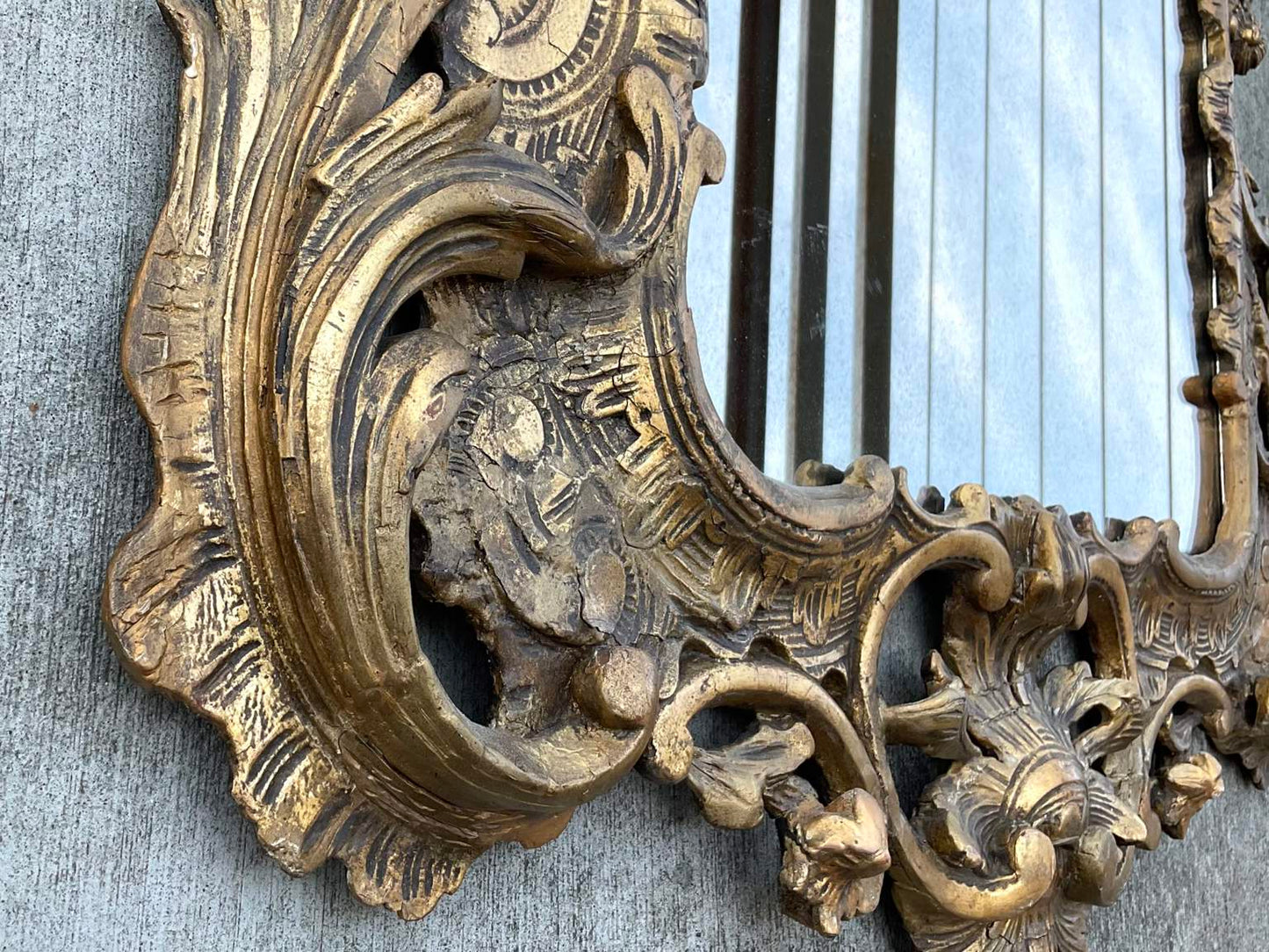 Antique Large Carved Gilt Wood Rococo Mirror with Clamshell Crest