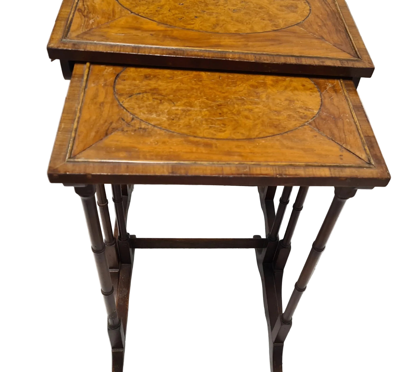 English Regency Revival Burl Wood & Inlaid Nesting Tables, Early 20th Century
