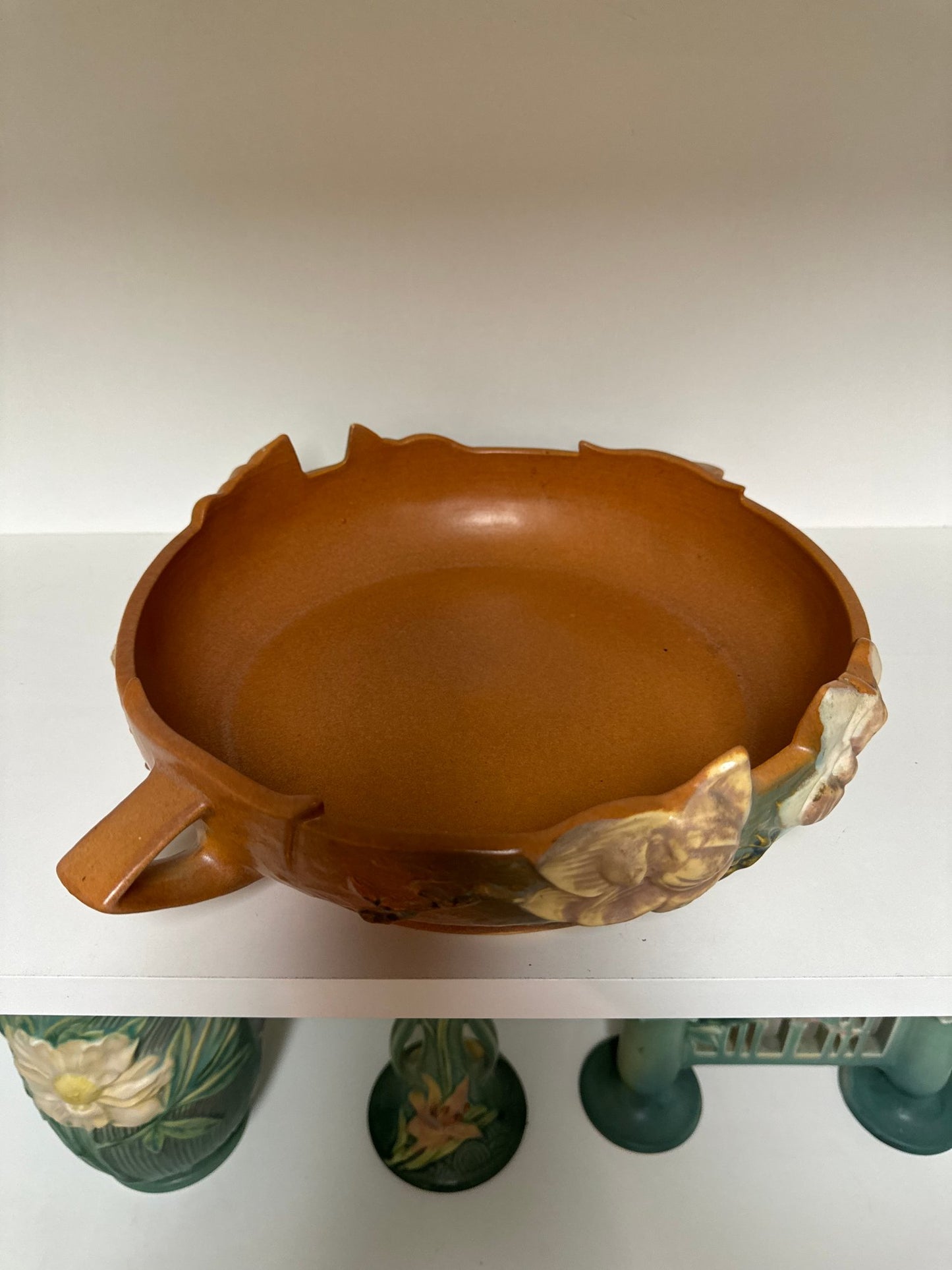 Roseville Brown Magnolia with White & Pink Flowers #450-10" Two Handle Art Pottery Console Bowl