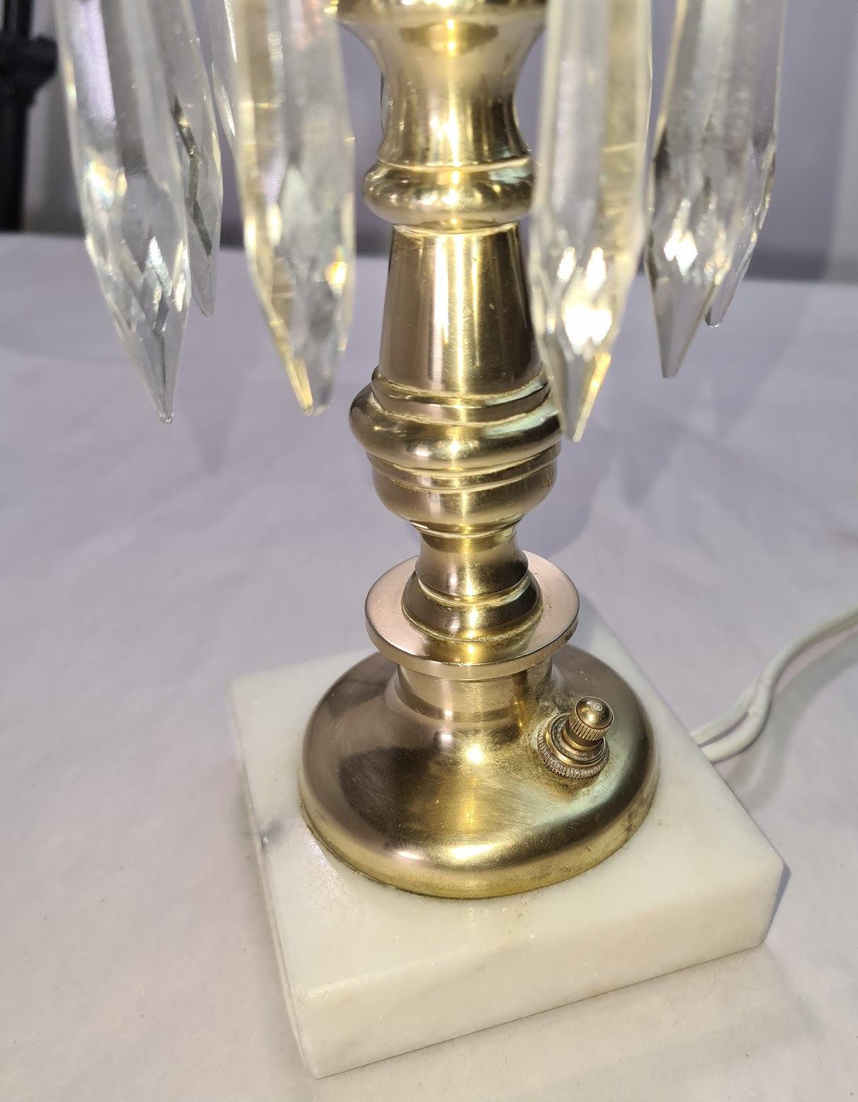 Vintage Brass Electric Hurricane Lamp with Frosted Edged Glass and Hanging Crystals