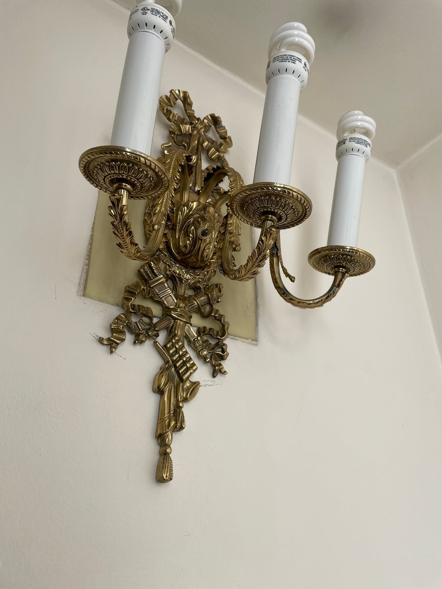 French Style, Vintage Brass Three Lights Sconce