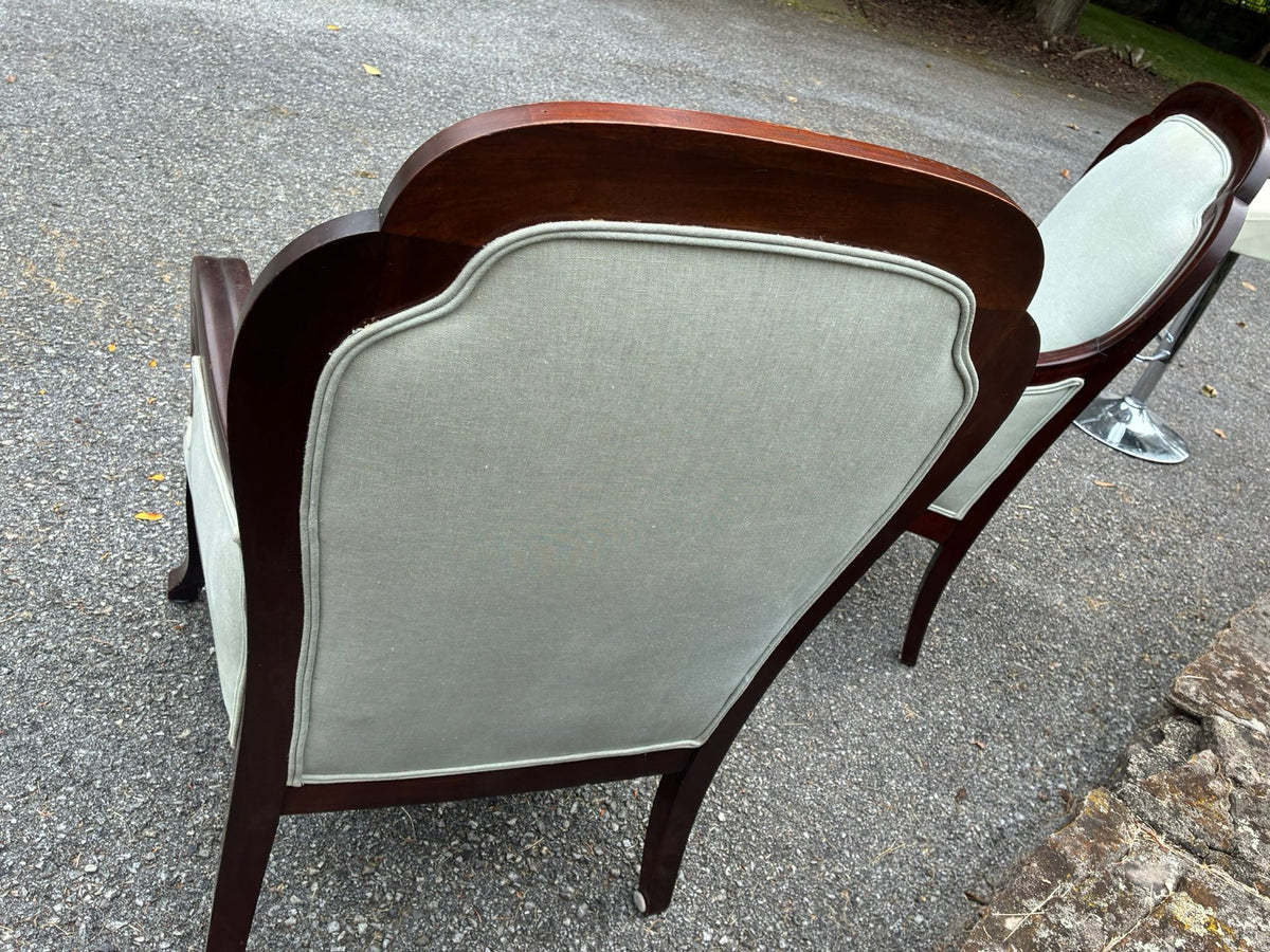 A Pair of Antique American Classical Empire Mahogany Armchair with Carved Rosette Scroll Arms, circa 1830–1850