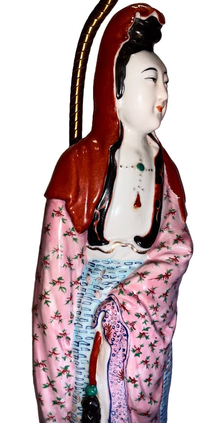 Vintage Quan Yin Chinese Porcelain Figural Table Lamp, Famille Rose, 1950s