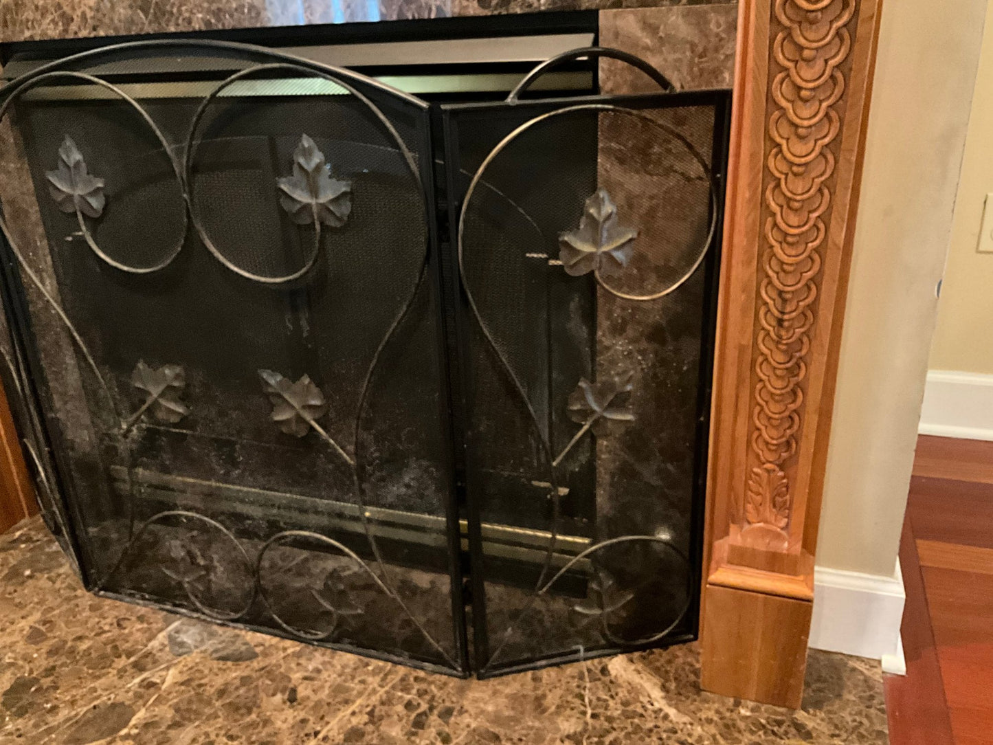 Beautiful Fireplace Screen, Black with Brass Flower Decorations 49"x33"