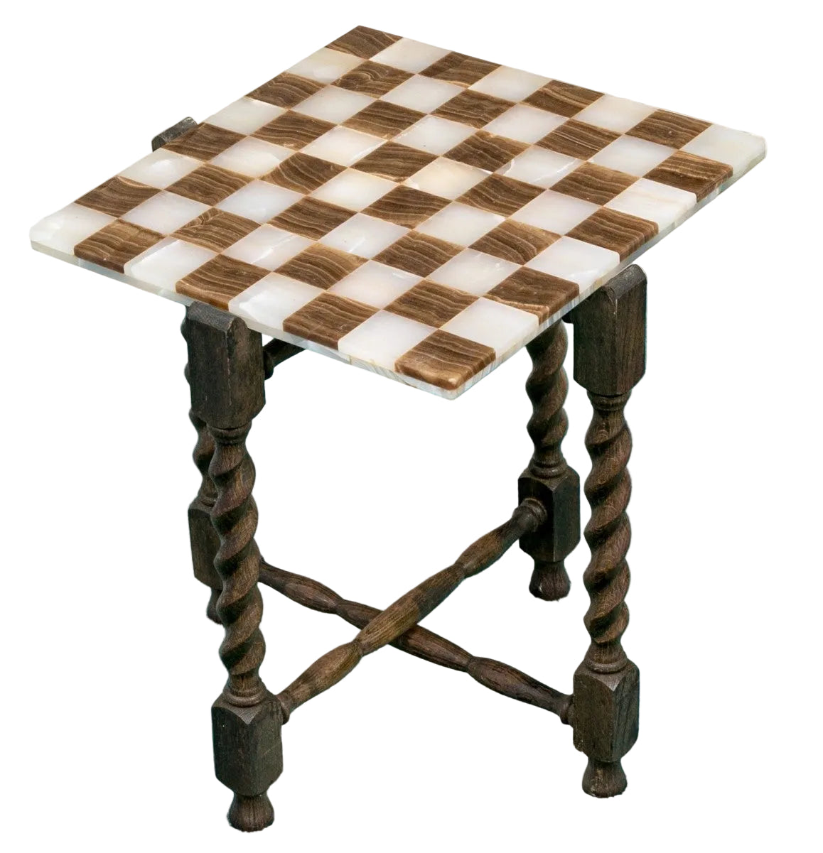 1980s Rare and Distinct Handcrafted Onyx and Marble Chess Set on Jacobean Style Wooden Frame