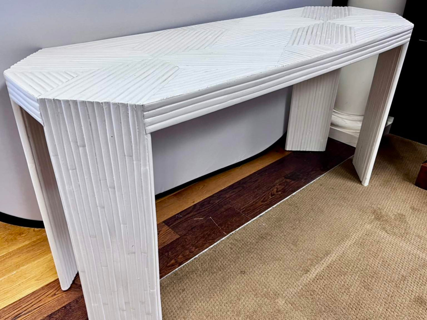 Unique MCM Bamboo Marquetry Console Table