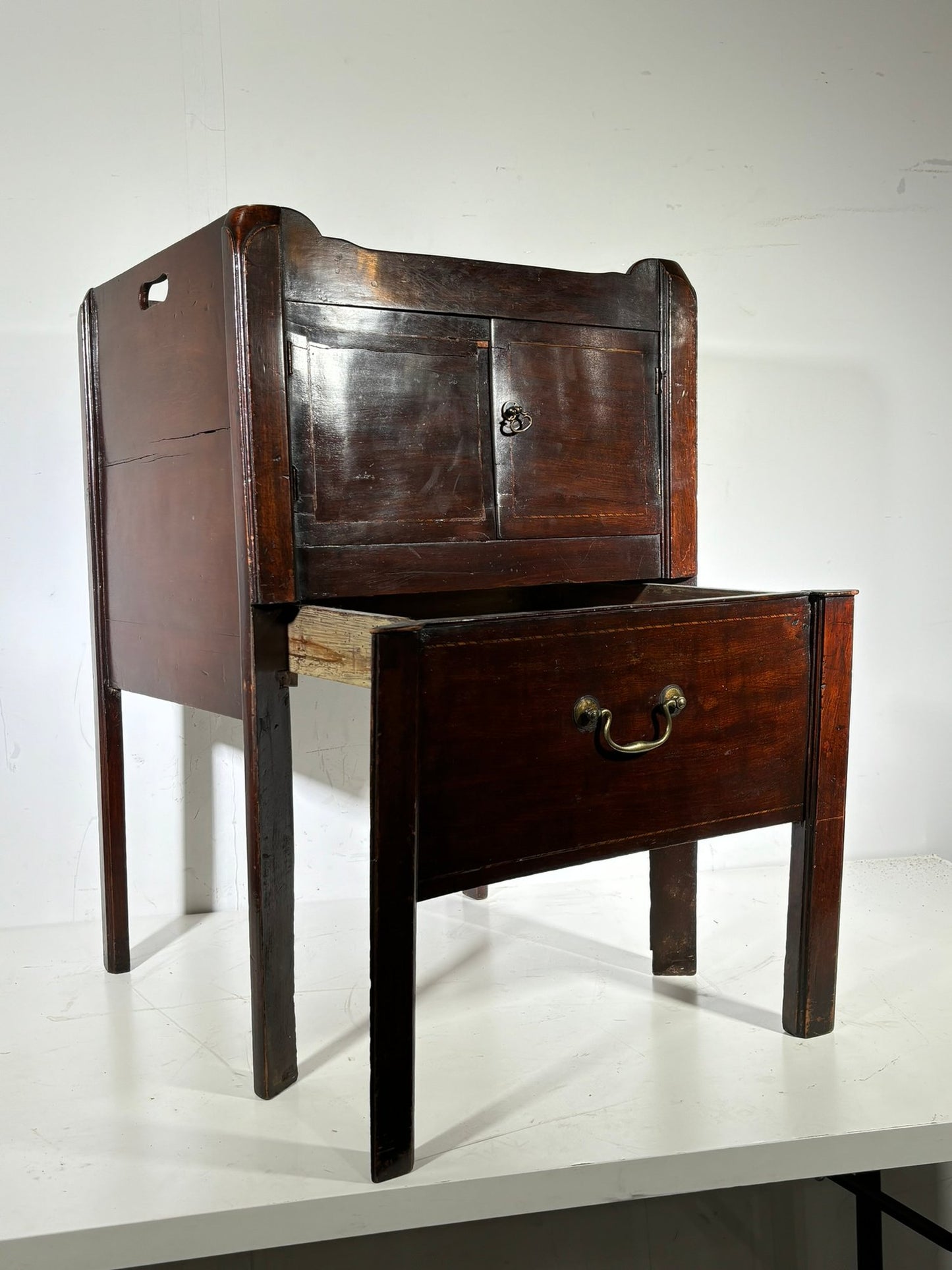 Rare Late 18th Century George III Bedside Table - Banded And Inlaid Mahogany