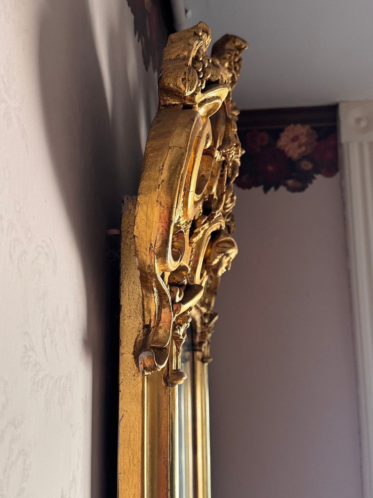 Monumental Antique French Rococo Gilt Pier Mirror With Faux Marble Top Console Shelf
