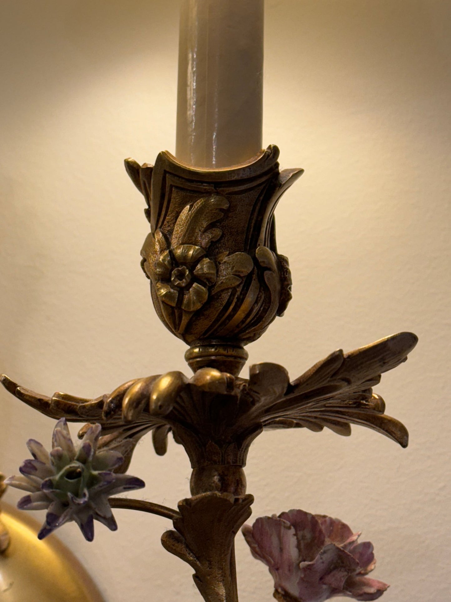 Spectacular French Style Two Light Brass And Porcelain Wall Sconce