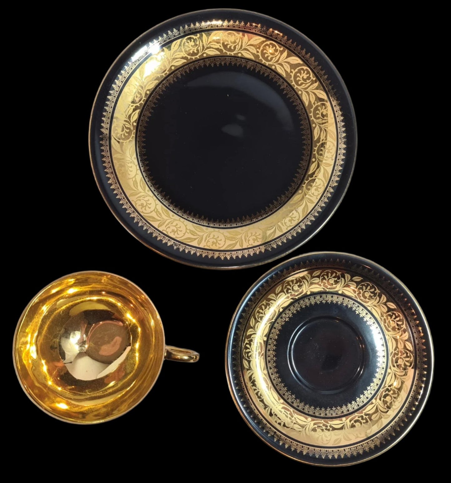 Rare RW Rudolf Wachter Bavaria Black &amp; Gold #6771 Tea Cup Saucer Trio