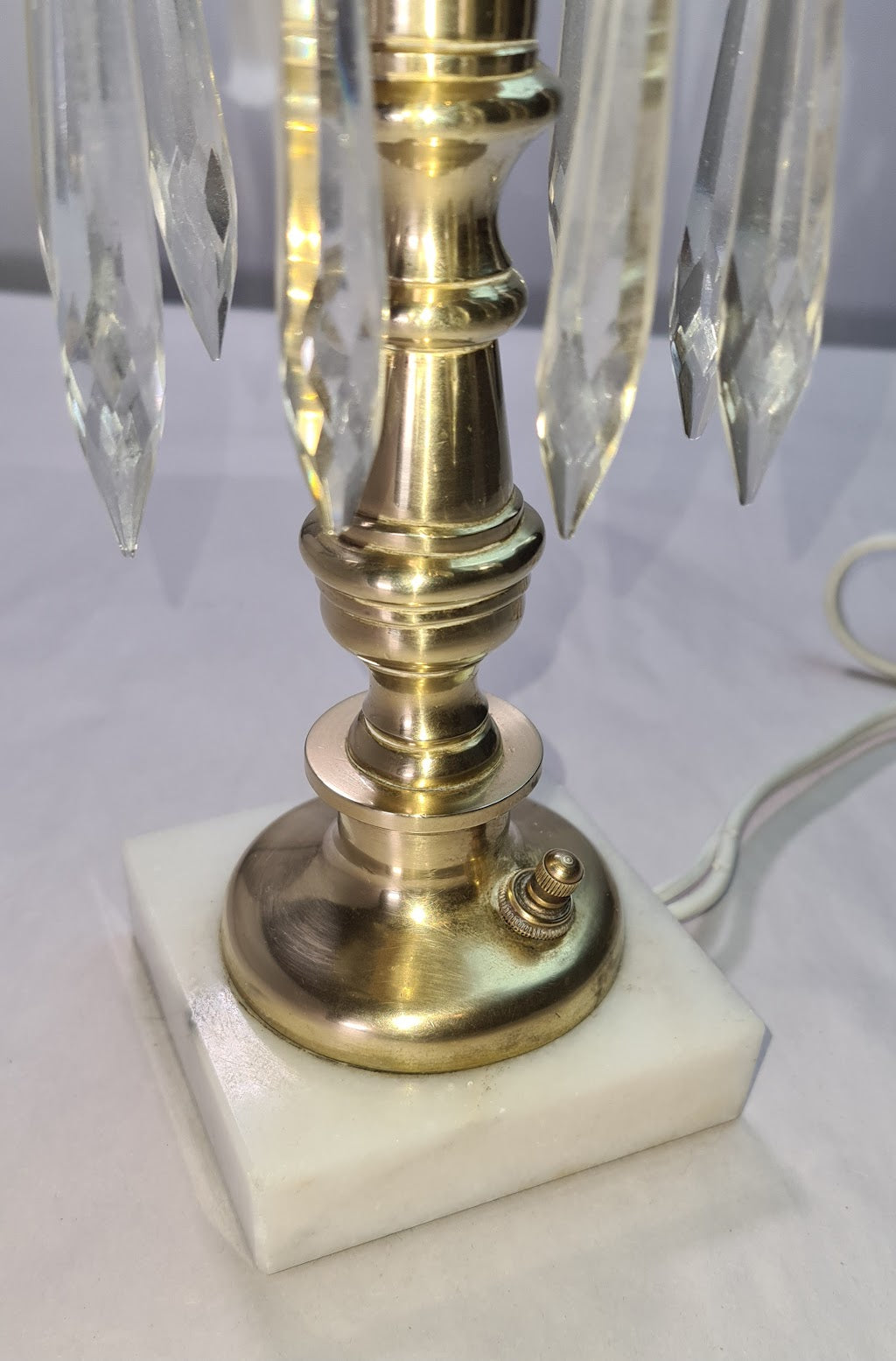 Vintage Brass Electric Hurricane Lamp with Frosted Edged Glass and Hanging Crystals