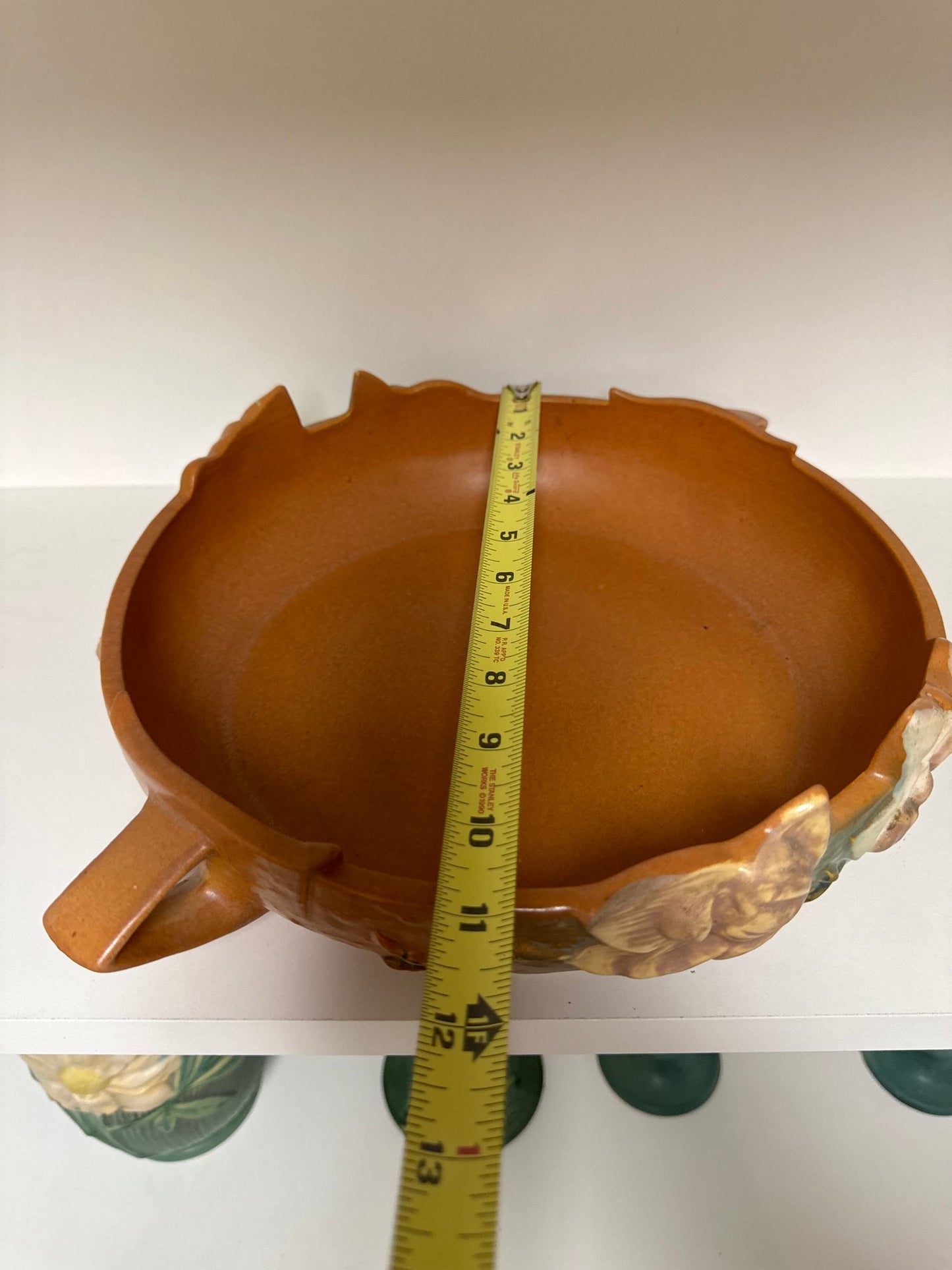 Roseville Brown Magnolia with White & Pink Flowers #450-10" Two Handle Art Pottery Console Bowl