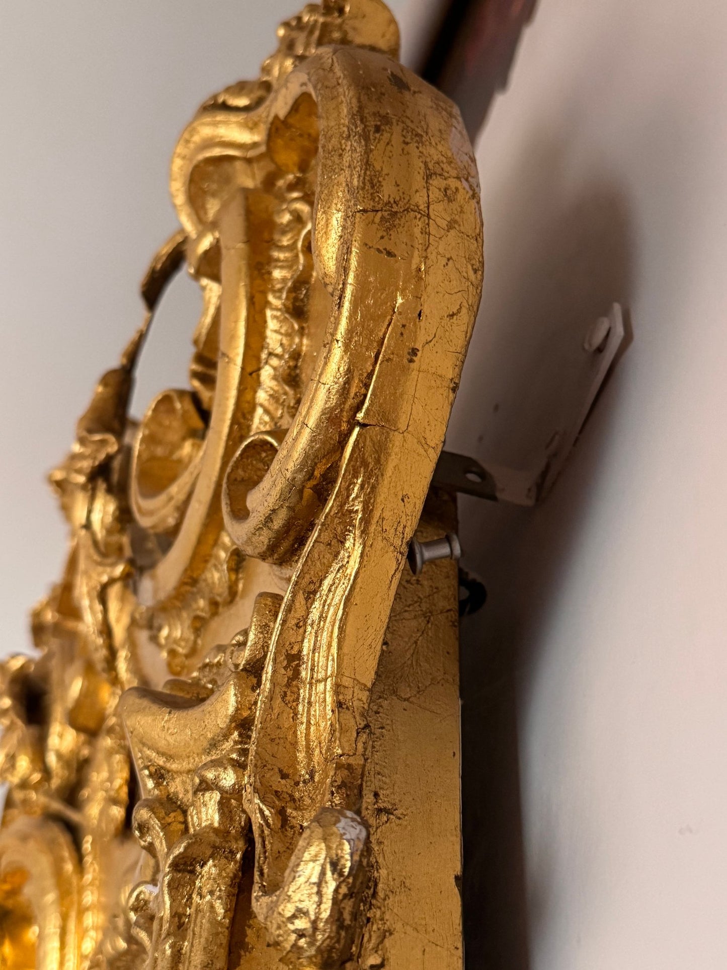 Monumental Antique French Rococo Gilt Pier Mirror With Faux Marble Top Console Shelf
