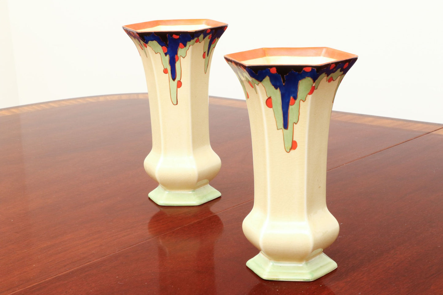 PAIR OF DORA TENNANT ENGLISH ART DECO PERIOD HEXAGONAL CERAMIC GLAZED VASES
