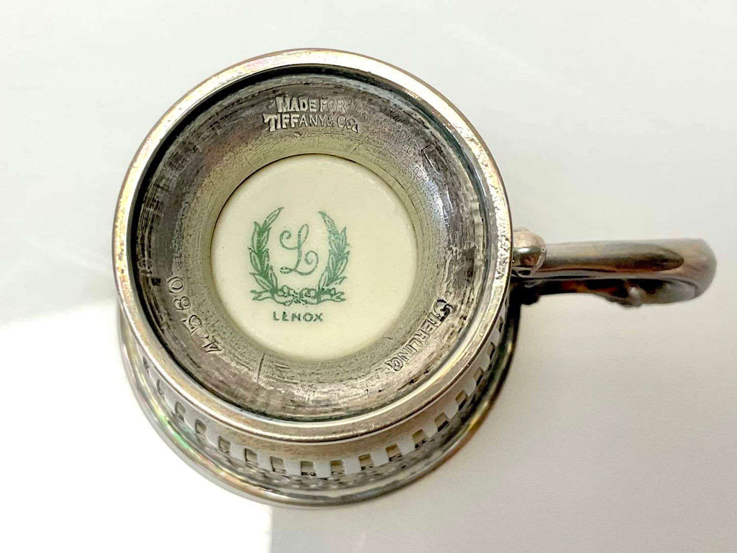 Vintage Sterling Silver Tiffany Set of Pierced Demitasse Cup with Lenox White China Liners